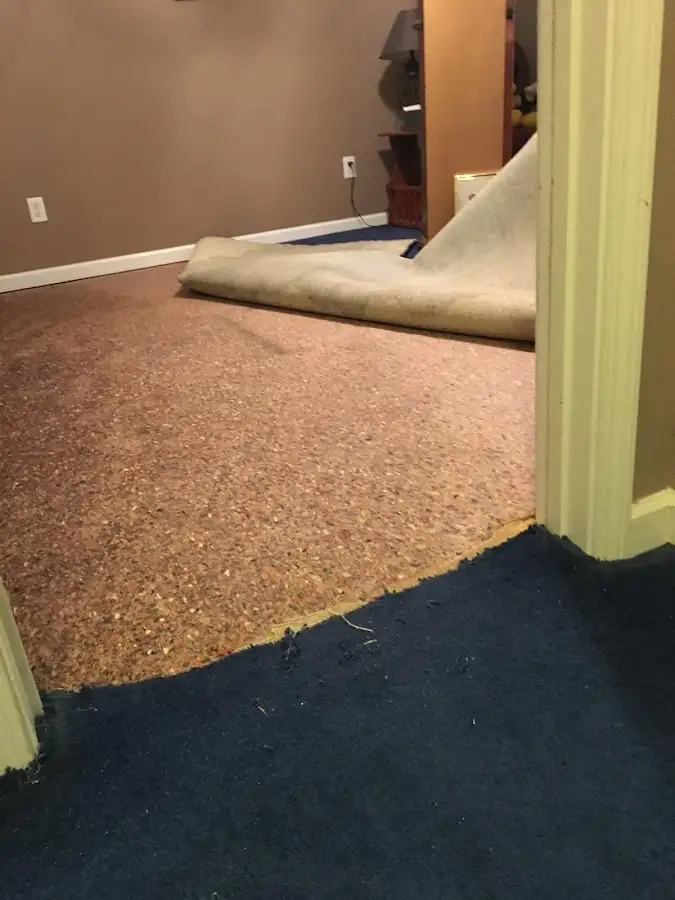 Carpet pad removal revealing water damage during Drying & Dehumidification in Galax